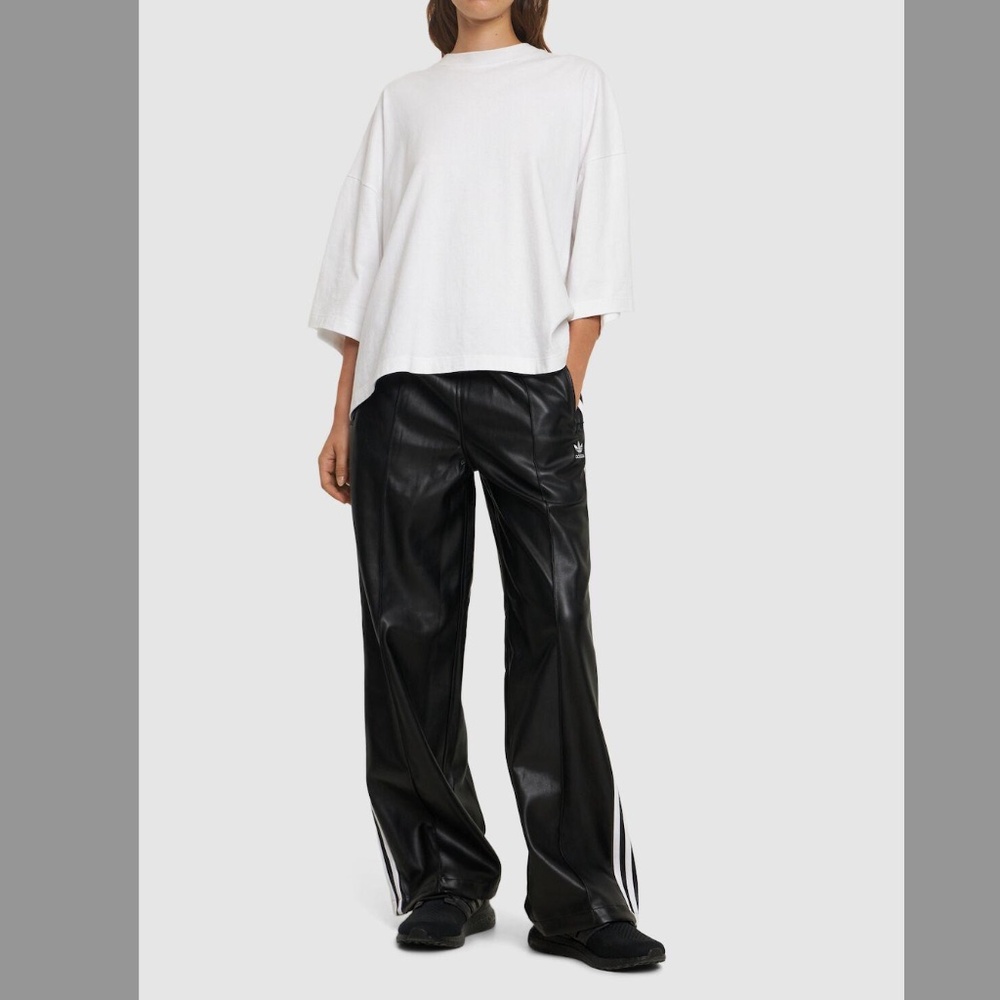 NWT Adidas Black Leather Look Shine Pants Zip Ankle